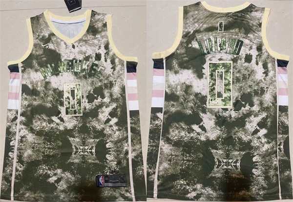 Men%27s Milwaukee Bucks #0 Damian Lillard Green White Stitched Basketball Jersey